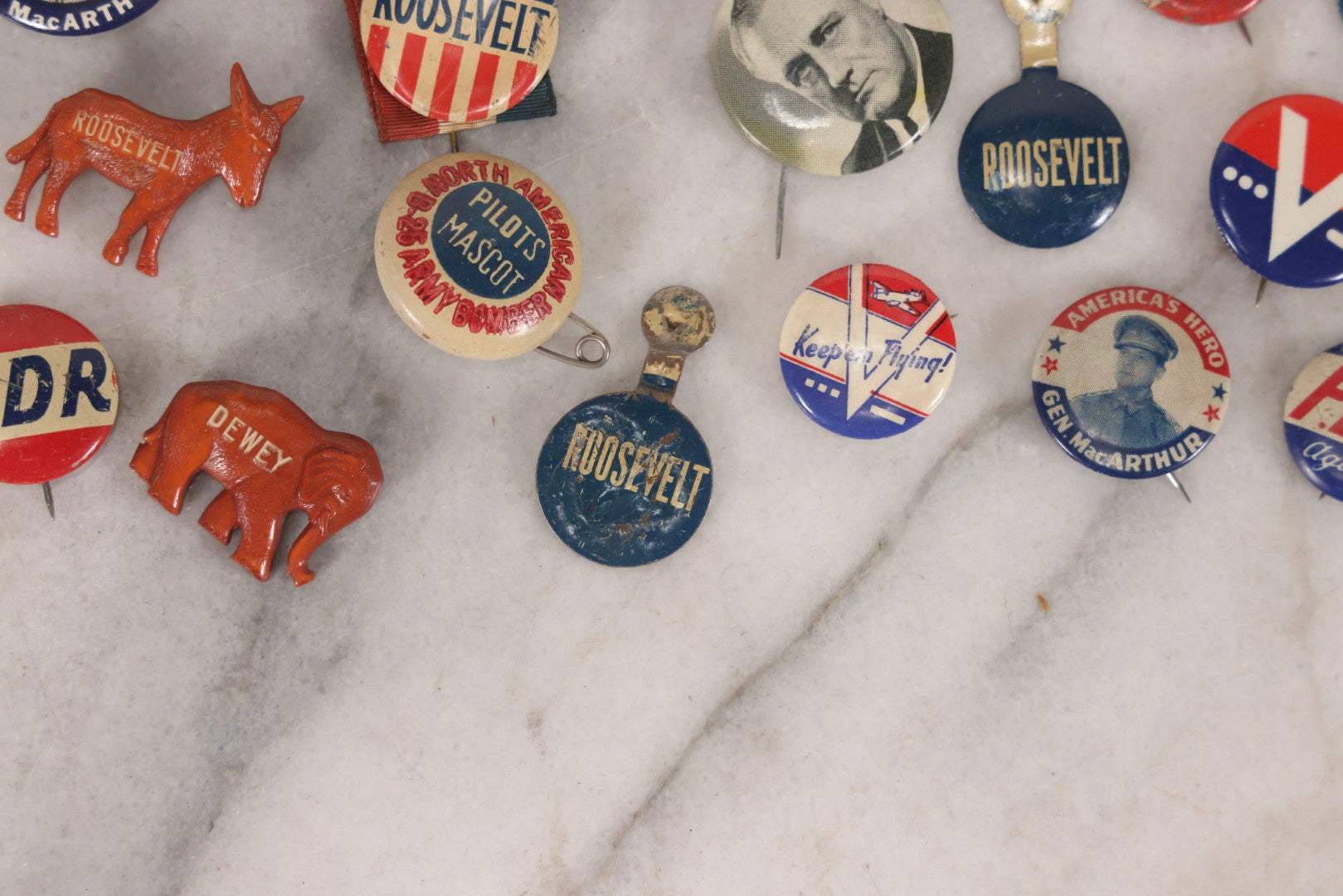 Lot 186 - Grouping Of 20 Vintage Franklin D. Roosevelt Era Political Buttons And Badges Including “Remember Pearl Harbor,” “To Hell With Hitler,” And Democratic Donkey Pin