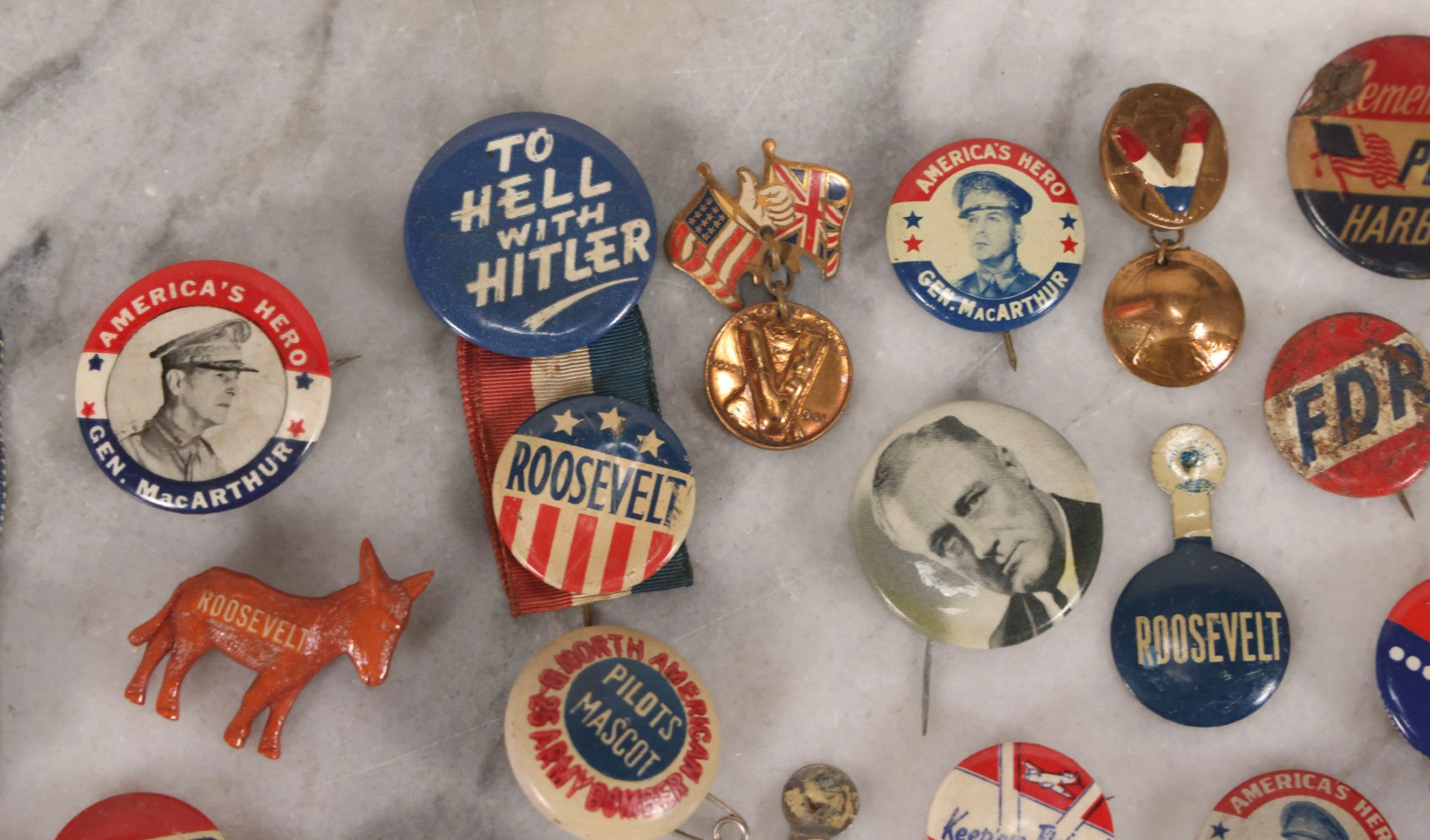 Lot 186 - Grouping Of 20 Vintage Franklin D. Roosevelt Era Political Buttons And Badges Including “Remember Pearl Harbor,” “To Hell With Hitler,” And Democratic Donkey Pin