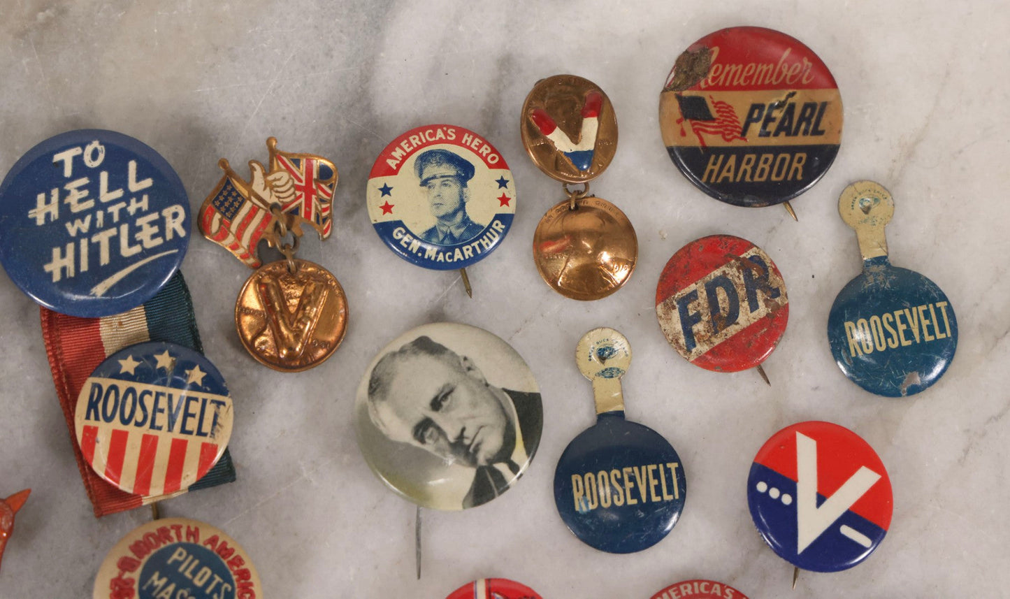 Lot 186 - Grouping Of 20 Vintage Franklin D. Roosevelt Era Political Buttons And Badges Including “Remember Pearl Harbor,” “To Hell With Hitler,” And Democratic Donkey Pin