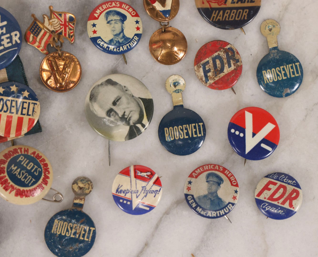 Lot 186 - Grouping Of 20 Vintage Franklin D. Roosevelt Era Political Buttons And Badges Including “Remember Pearl Harbor,” “To Hell With Hitler,” And Democratic Donkey Pin