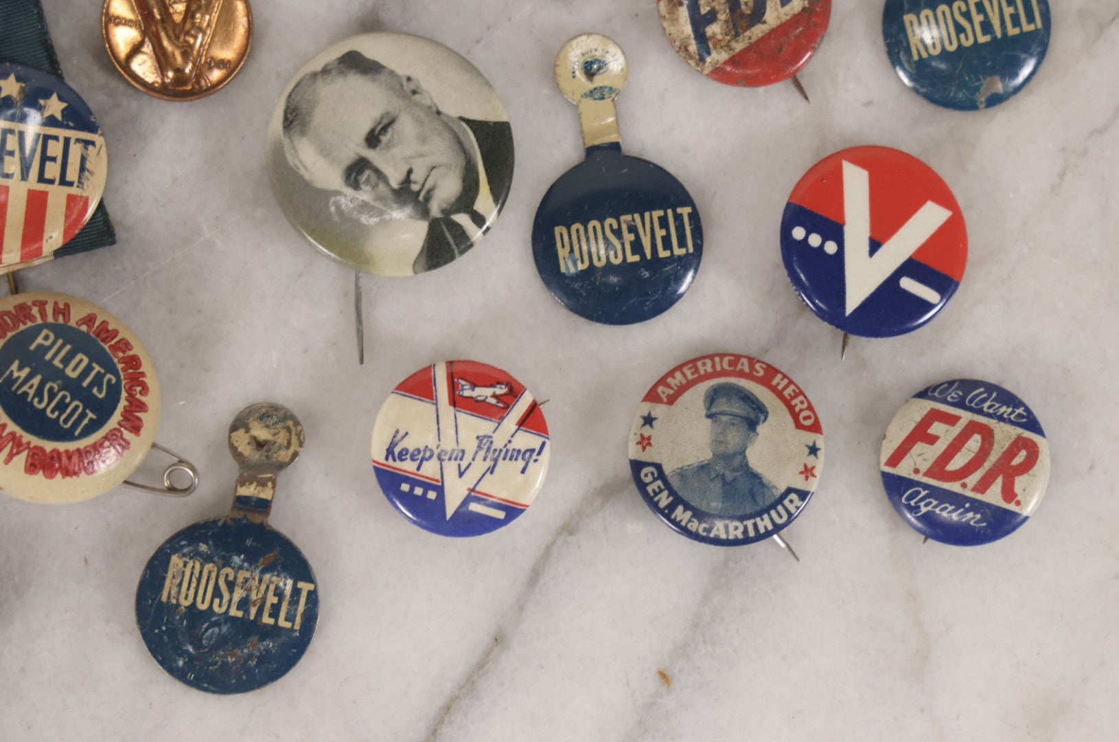 Lot 186 - Grouping Of 20 Vintage Franklin D. Roosevelt Era Political Buttons And Badges Including “Remember Pearl Harbor,” “To Hell With Hitler,” And Democratic Donkey Pin