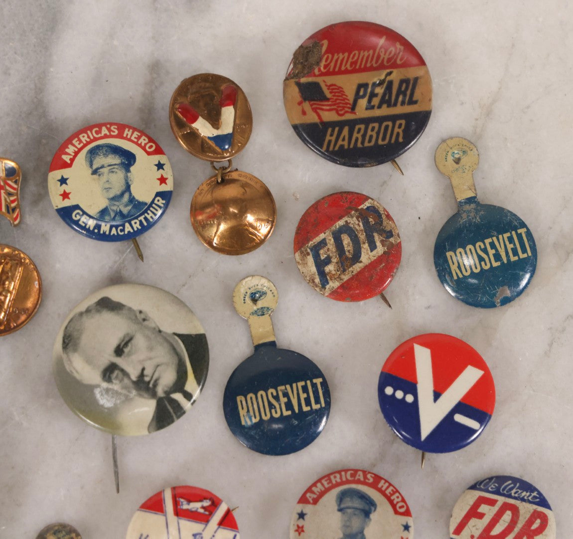 Lot 186 - Grouping Of 20 Vintage Franklin D. Roosevelt Era Political Buttons And Badges Including “Remember Pearl Harbor,” “To Hell With Hitler,” And Democratic Donkey Pin