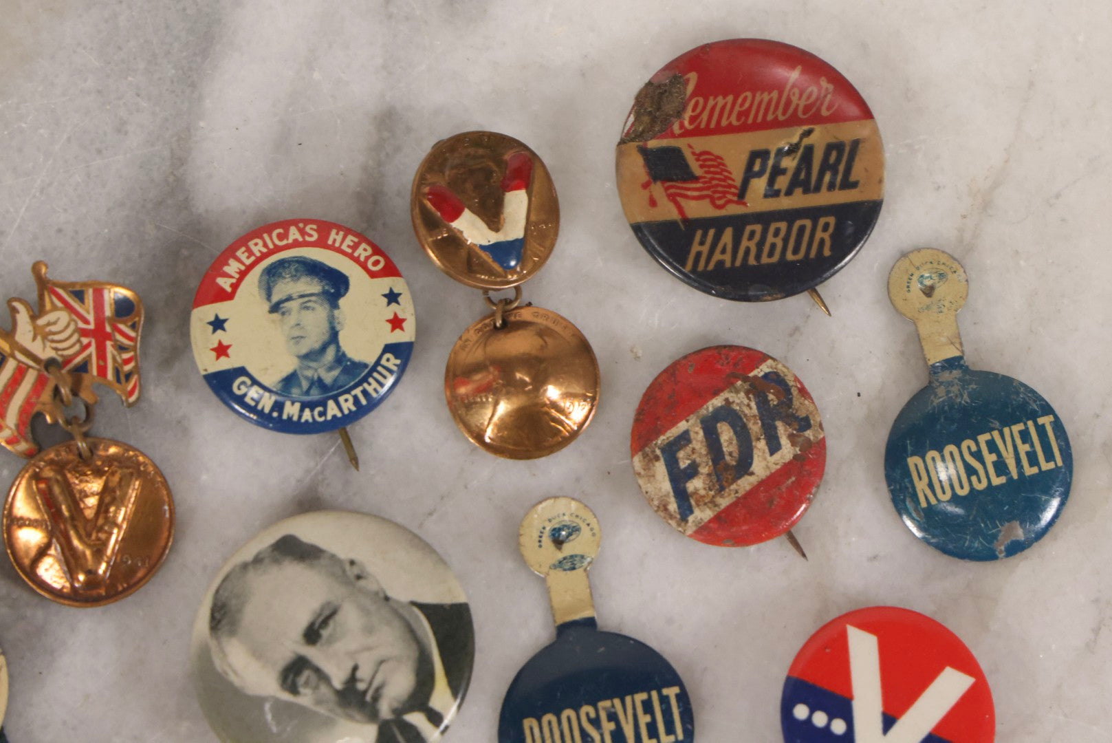 Lot 186 - Grouping Of 20 Vintage Franklin D. Roosevelt Era Political Buttons And Badges Including “Remember Pearl Harbor,” “To Hell With Hitler,” And Democratic Donkey Pin