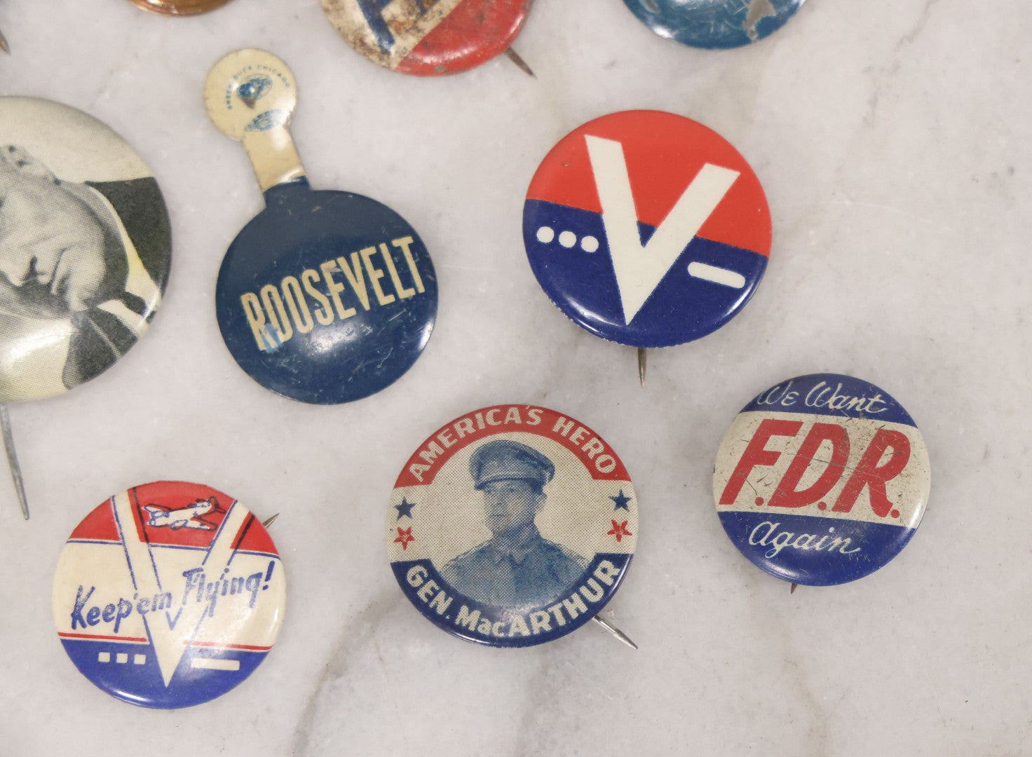 Lot 186 - Grouping Of 20 Vintage Franklin D. Roosevelt Era Political Buttons And Badges Including “Remember Pearl Harbor,” “To Hell With Hitler,” And Democratic Donkey Pin