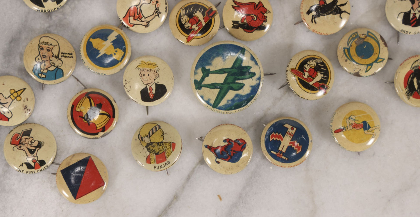 Lot 187 - Grouping Of 30 Vintage Kellogg's Pep Cereal Pinback Buttons Featuring Comic Strip Characters Like Popeye And Lord Pushbottom And World War II Military Insignia, Copyright 1946