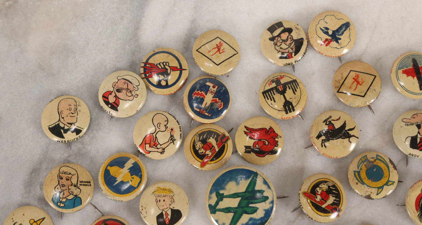 Lot 187 - Grouping Of 30 Vintage Kellogg's Pep Cereal Pinback Buttons Featuring Comic Strip Characters Like Popeye And Lord Pushbottom And World War II Military Insignia, Copyright 1946