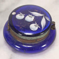 Lot 193 - Vintage Blue Glass Jar With Painted Blueberry Design And Brass Fittings, 1-1/8" H