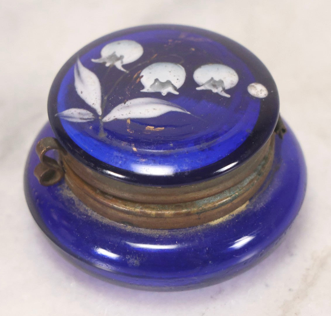 Lot 193 - Vintage Blue Glass Jar With Painted Blueberry Design And Brass Fittings, 1-1/8" H