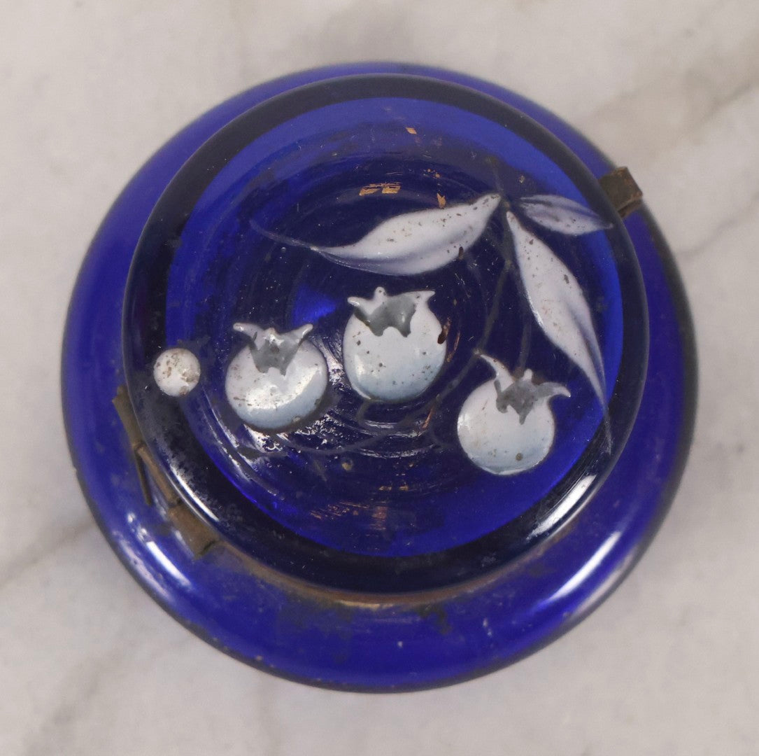 Lot 193 - Vintage Blue Glass Jar With Painted Blueberry Design And Brass Fittings, 1-1/8" H
