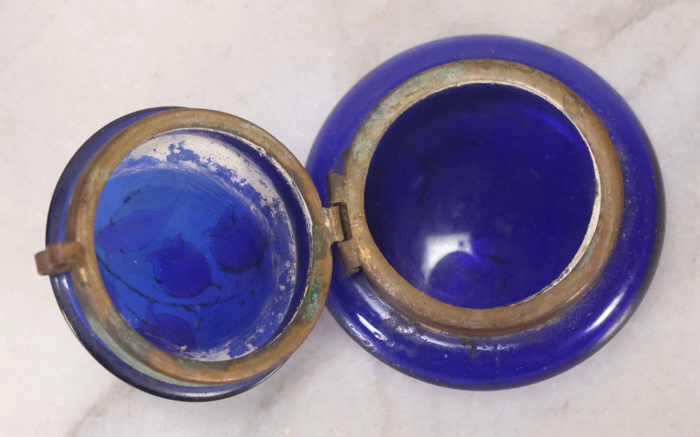 Lot 193 - Vintage Blue Glass Jar With Painted Blueberry Design And Brass Fittings, 1-1/8" H