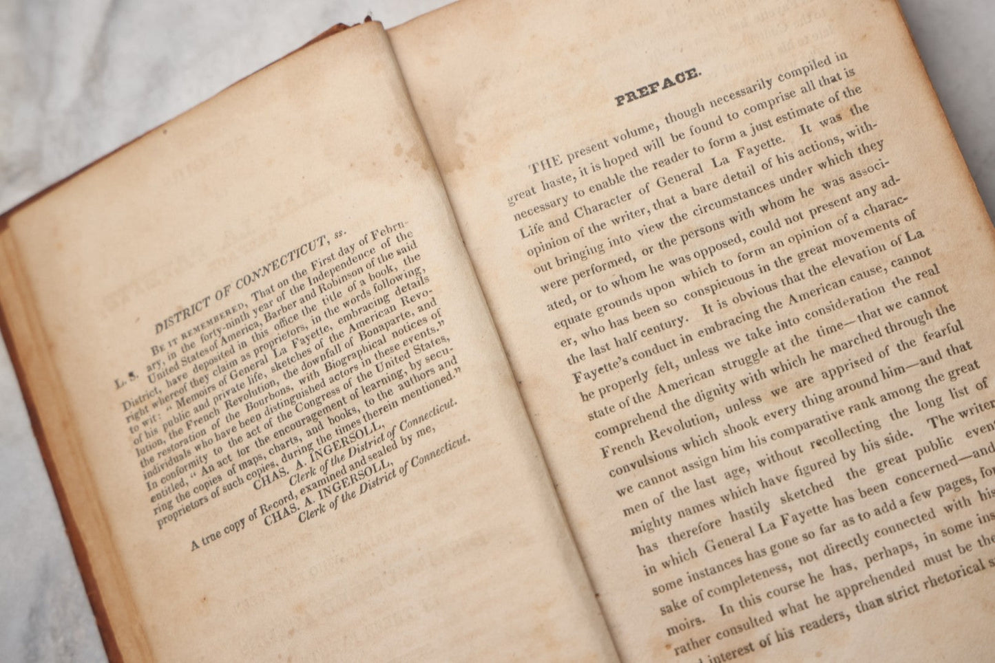 Lot 201 - "Memoirs Of General La Fayette" Antique Leather Bound Biography, Published By Barber & Robinson, Hartford, 1835