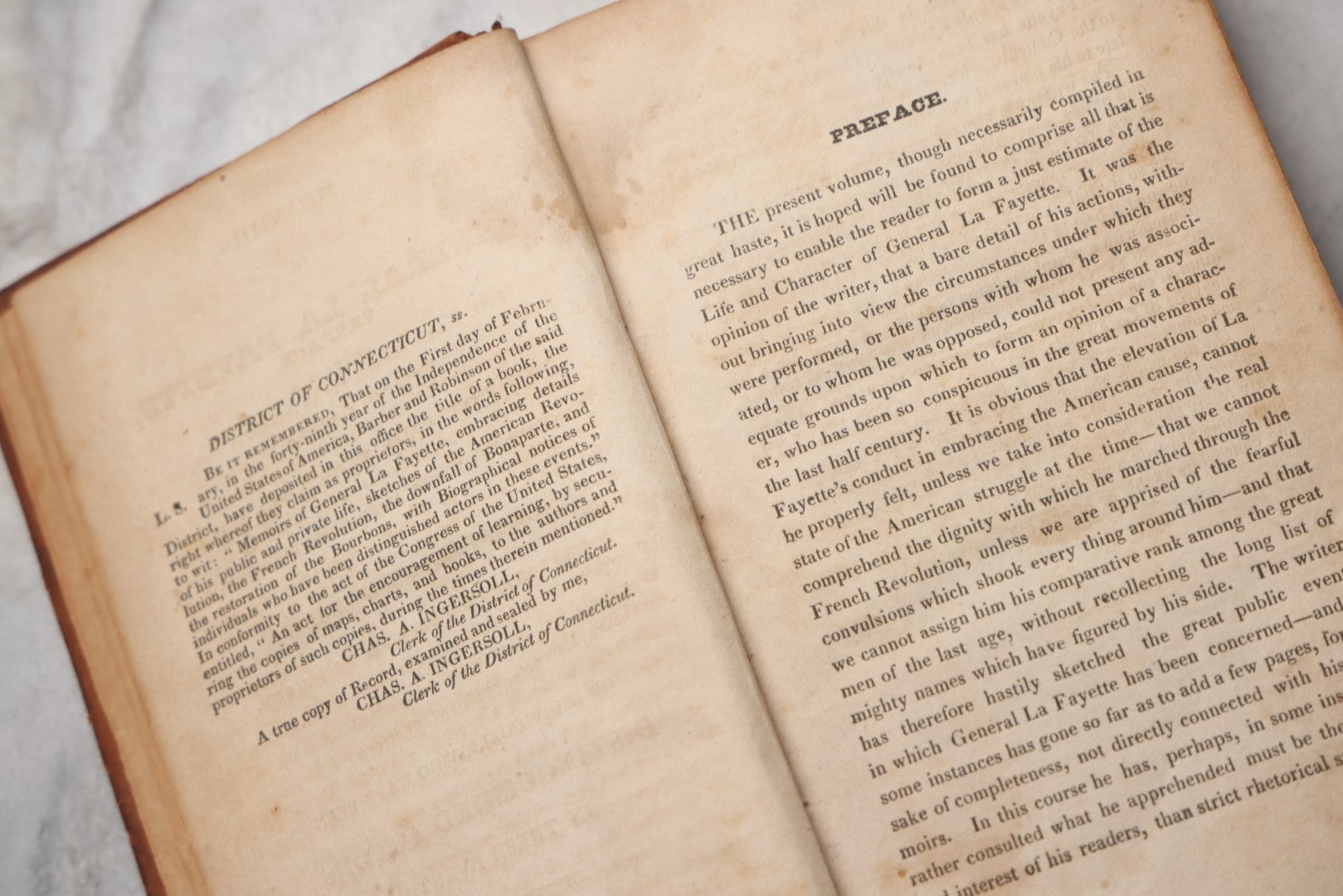 Lot 201 - "Memoirs Of General La Fayette" Antique Leather Bound Biography, Published By Barber & Robinson, Hartford, 1835