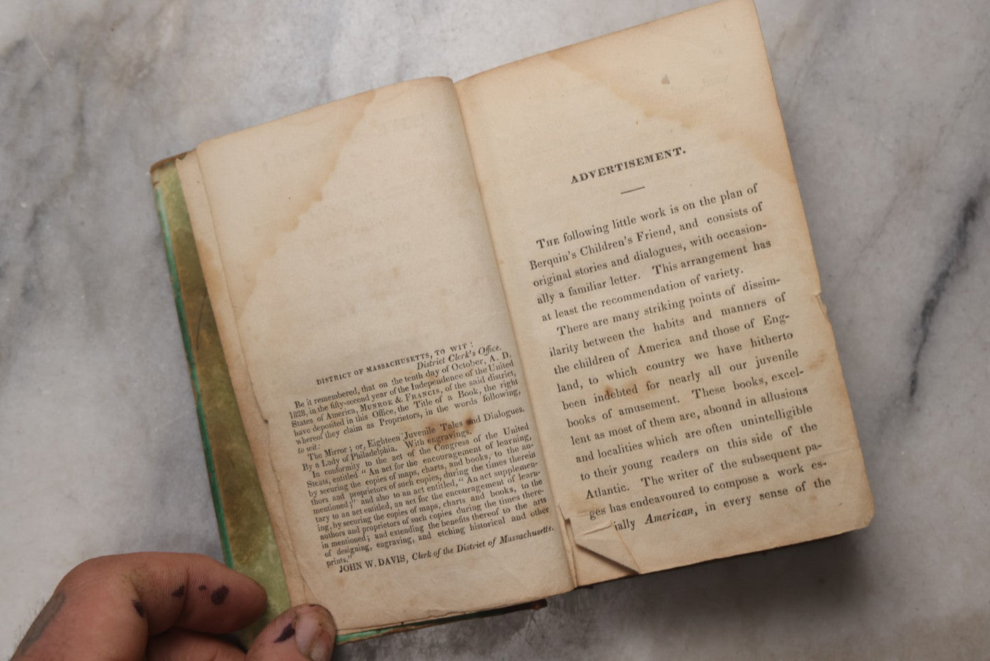 Lot 214 - "The Mirror; Or, Eighteen Juvenile Tales And Dialogues" Antique Children's Book By A Lady Of Philadelphia, Published By Munroe And Francis, Boston, 1828