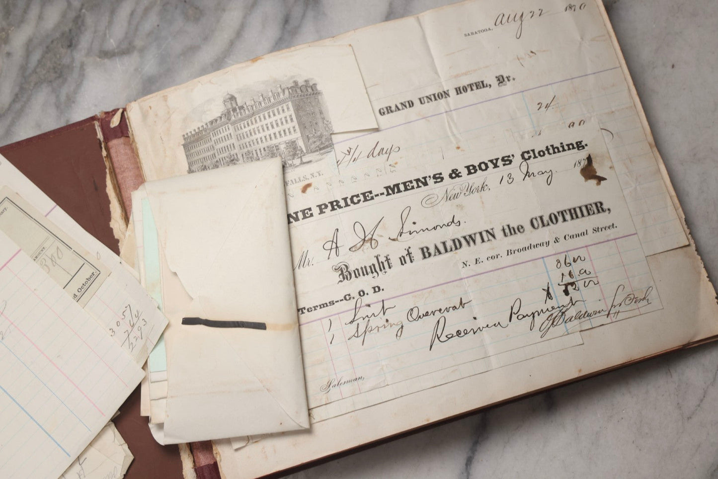 Lot 217 - "Specimens Of Printing Types" Antique Book By R. & J. & A. W. Lindsay, New York, Repurposed As Scrapbook With 70+ Pasted Receipts, 1870–1881