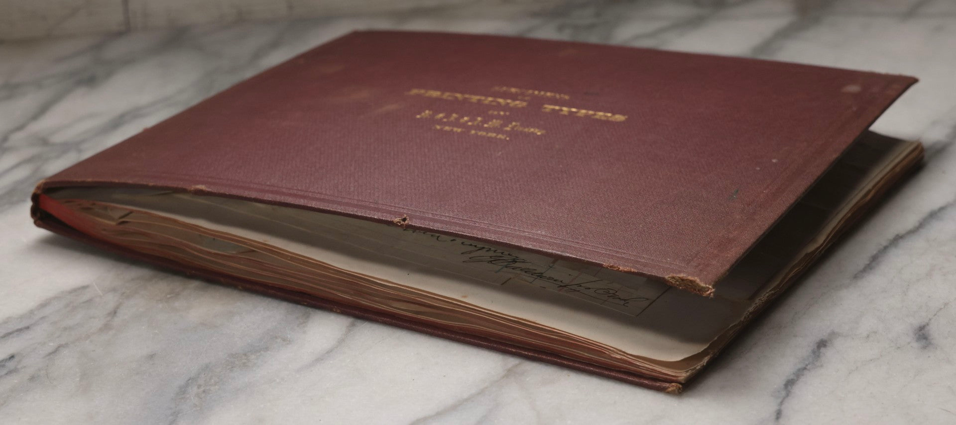 Lot 217 - "Specimens Of Printing Types" Antique Book By R. & J. & A. W. Lindsay, New York, Repurposed As Scrapbook With 70+ Pasted Receipts, 1870–1881