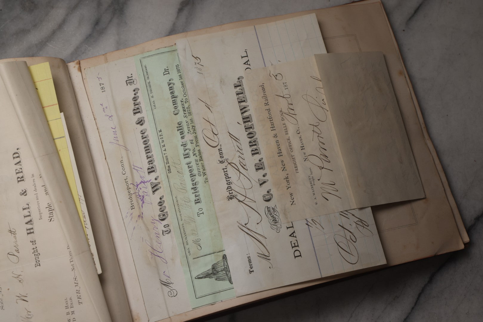 Lot 217 - "Specimens Of Printing Types" Antique Book By R. & J. & A. W. Lindsay, New York, Repurposed As Scrapbook With 70+ Pasted Receipts, 1870–1881