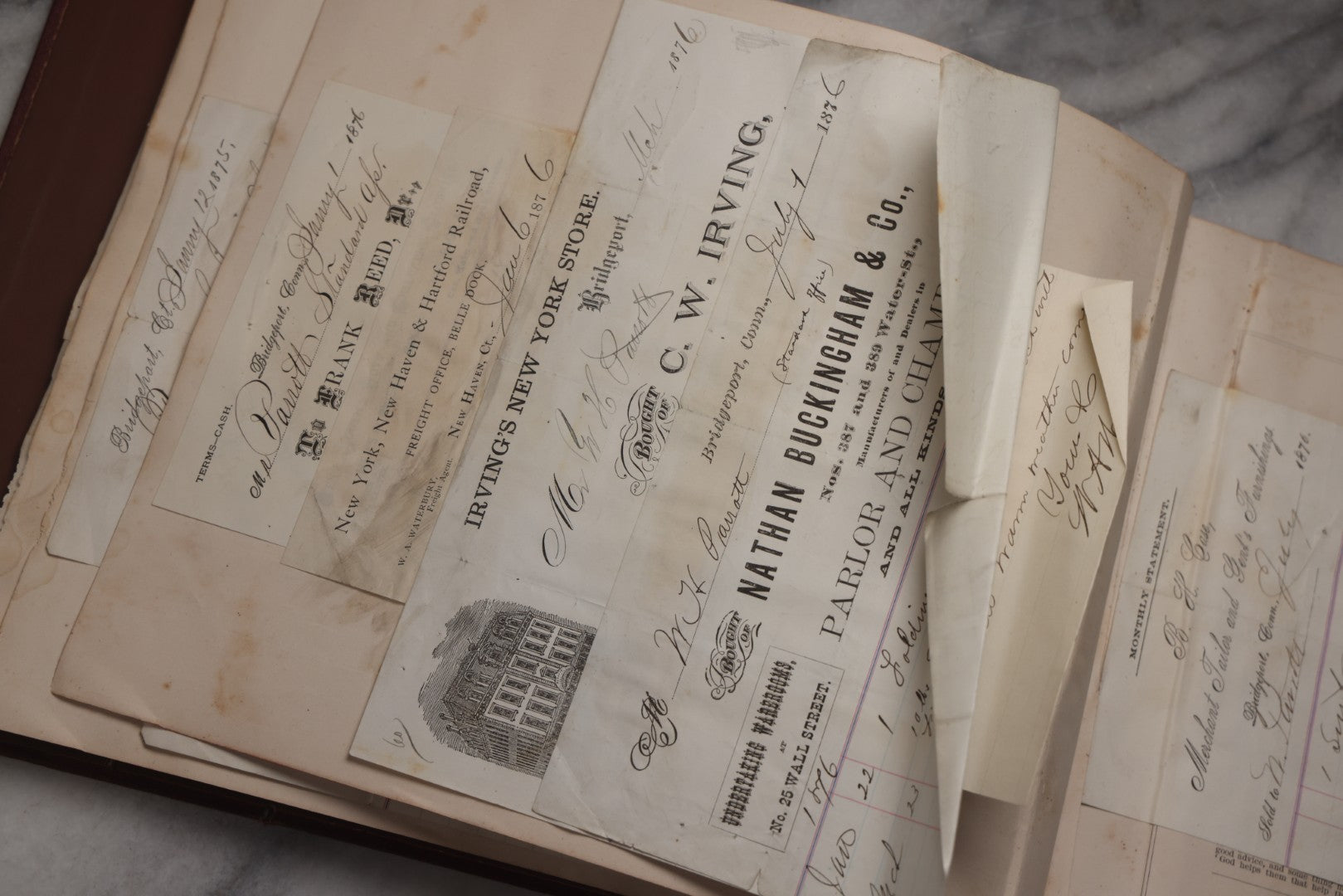 Lot 217 - "Specimens Of Printing Types" Antique Book By R. & J. & A. W. Lindsay, New York, Repurposed As Scrapbook With 70+ Pasted Receipts, 1870–1881