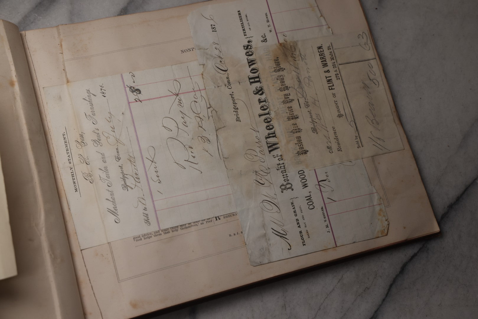 Lot 217 - "Specimens Of Printing Types" Antique Book By R. & J. & A. W. Lindsay, New York, Repurposed As Scrapbook With 70+ Pasted Receipts, 1870–1881