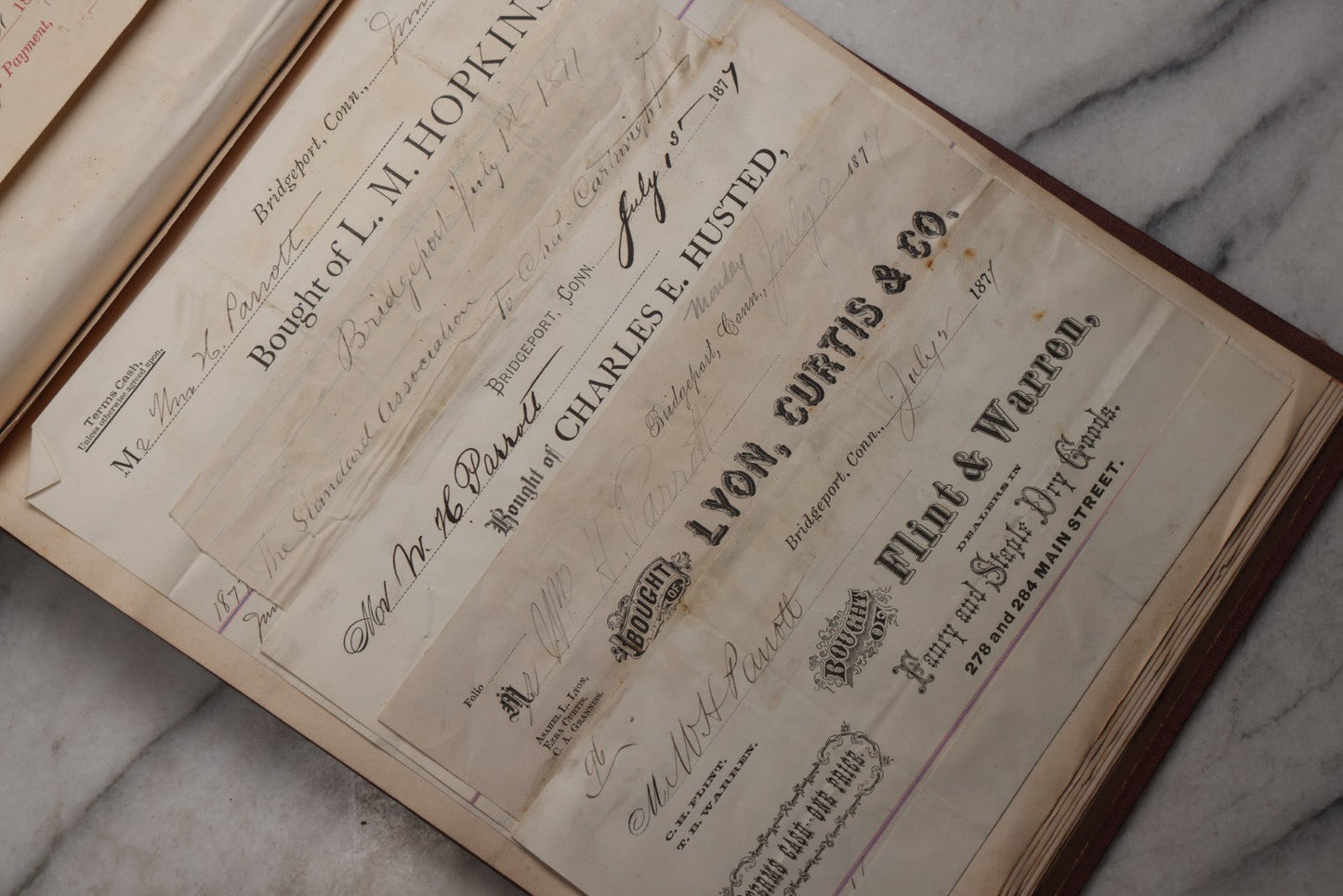 Lot 217 - "Specimens Of Printing Types" Antique Book By R. & J. & A. W. Lindsay, New York, Repurposed As Scrapbook With 70+ Pasted Receipts, 1870–1881