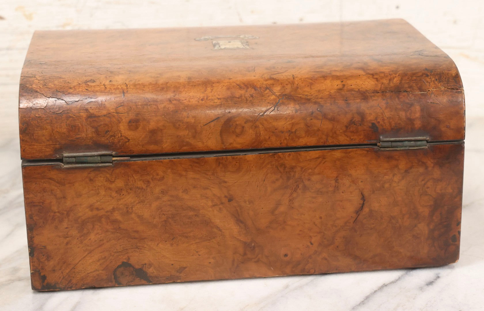 Lot 009 - Antique Dometop Burlwood Veneer Box With Mother Of Pearl Inlay And Escutcheon