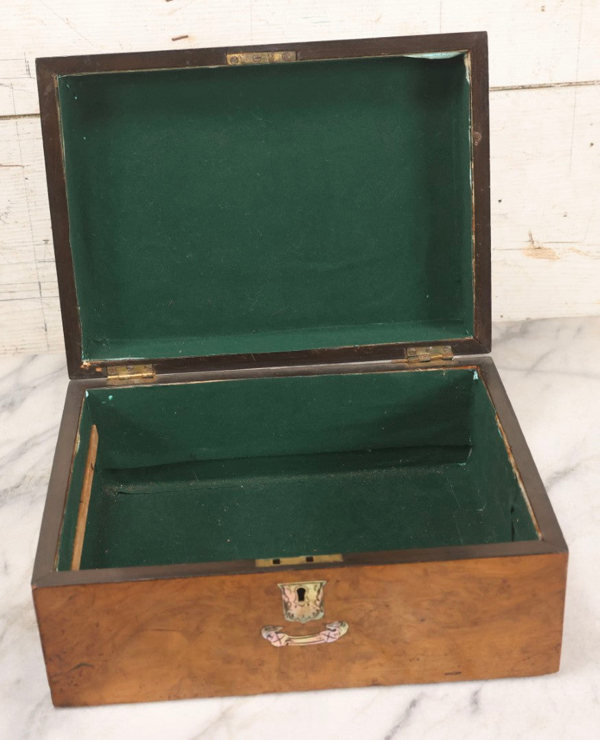 Lot 009 - Antique Dometop Burlwood Veneer Box With Mother Of Pearl Inlay And Escutcheon