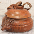 Lot 019 - Vintage Studio Pottery Lidded Jar With Sculpted Frog Finial And Fox Head Decorations, Note Repaired Crack Around Rim, 9" x 12" x 8" H