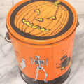 Lot 064 - Vintage Tin Lithograph Halloween Can Bucket With Ghosts, Skeleton, Witch, Jack-O-Lantern, And Haunted House, Copyright General Can Co. Inc., 1982, Montebello, California, 8-3/8" H