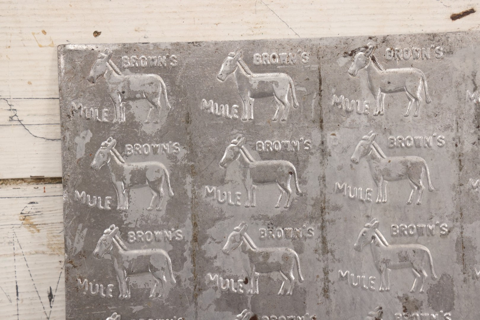 Lot 066 - Antique Tin Square Printing Plate With Repeating “Brown's Mule” Advertising And Mule Graphic