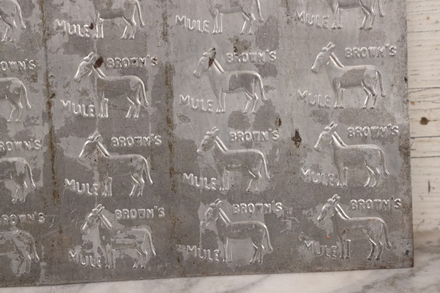 Lot 066 - Antique Tin Square Printing Plate With Repeating “Brown's Mule” Advertising And Mule Graphic