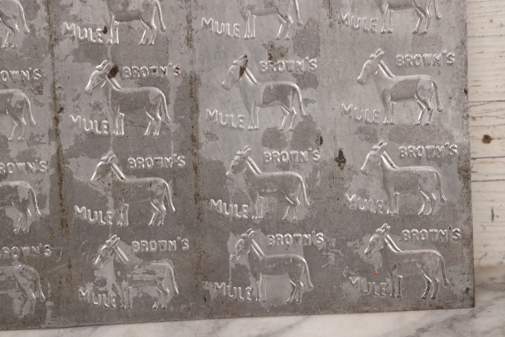 Lot 066 - Antique Tin Square Printing Plate With Repeating “Brown's Mule” Advertising And Mule Graphic