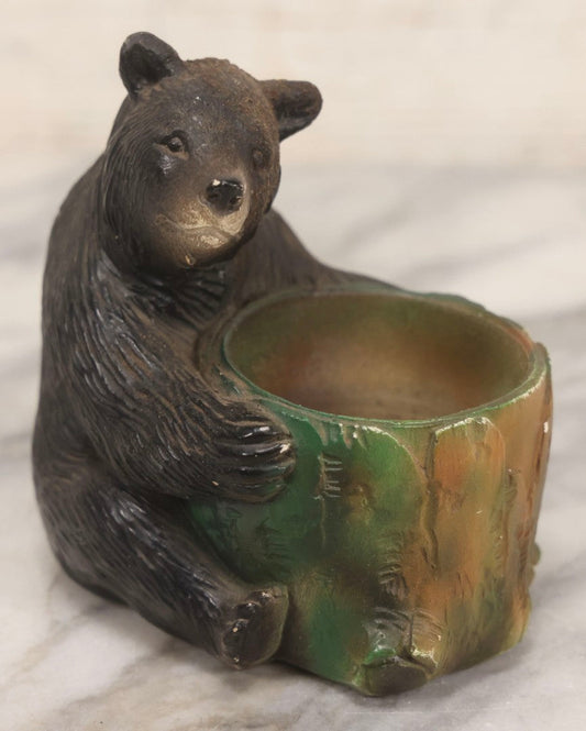 Lot 081 - Vintage Painted Chalkware Bear Figure With Tree-Stump Jar, 4-1/2" H