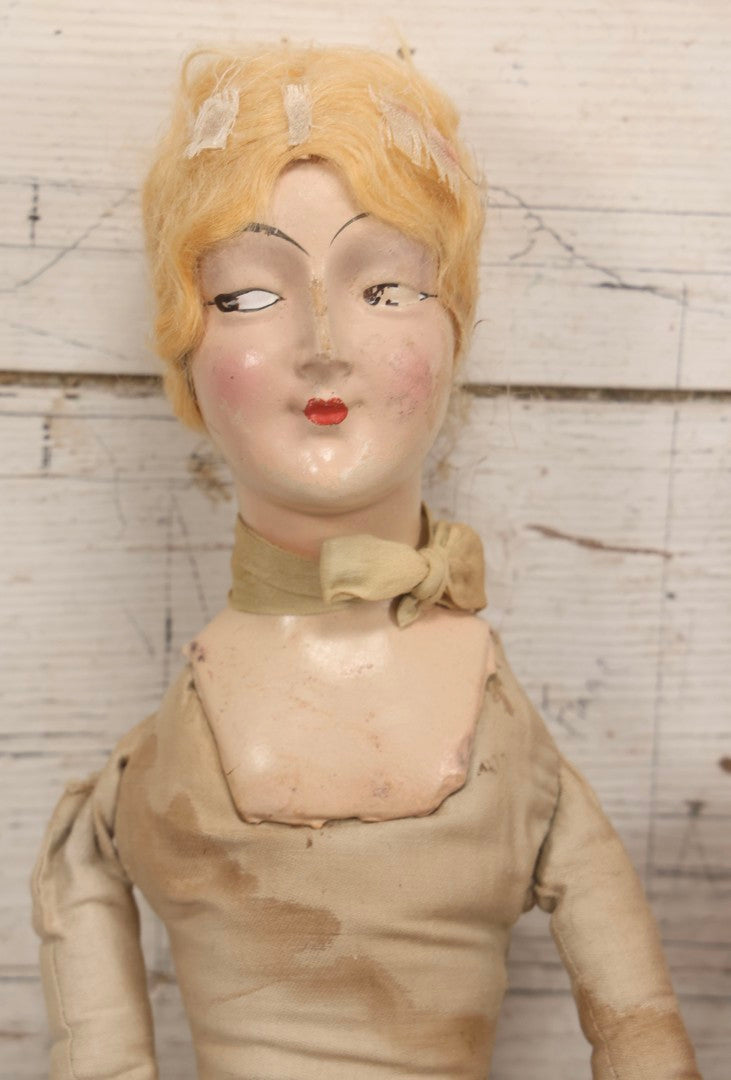Lot 083 - Pair Of Antique Painted Composition Head Boudoir Dolls With Stuffed Fabric Bodies, 29" And 22" L