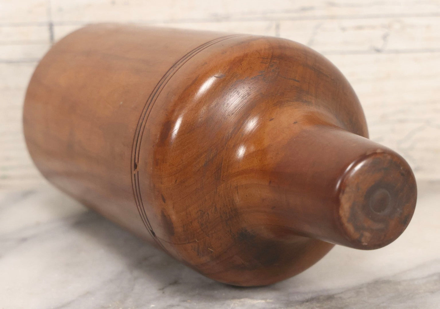 Lot 087 - Antique Solid Turned Wood Bottle Form With Burned Cursive “S. Moritz” Signature