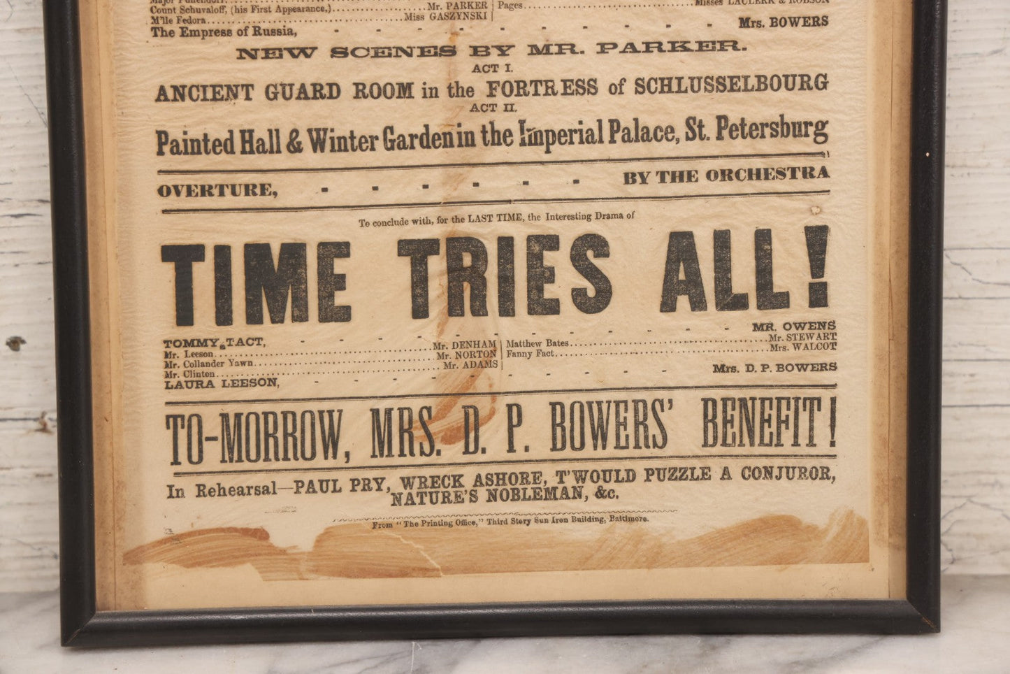 Lot 089 - Antique 1855 Broadside For Owens' Charles St. Theatre Production “The Lioness Of The North” And “Russian Prisoner,” Framed, 10-1/8" x 20-7/8"