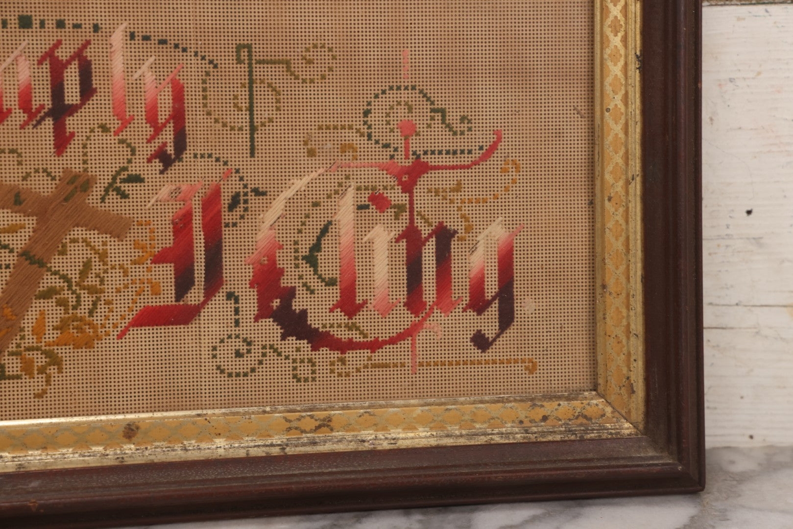 Lot 096 - Antique Victorian Punchwork Embroidery Motto “Simply To Thy Cross I Cling” In Walnut Frame With Gold Painted Inner Border, 24" x 11"
