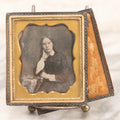 Lot 123 - Antique 1/6th Plate Daguerreotype Photograph Of Young Woman With Curly Dark Hair Resting Head On Hand In Full Split Leatherette Union Case
