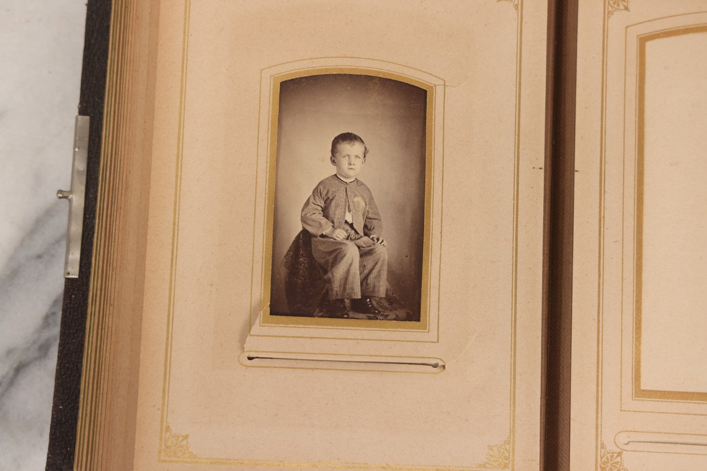 Lot 140 - Antique Portrait Photograph Album With 15 Carte De Visite C.D.V.., 2 Cabinet Card, And 3 Tintype Photographs Of Men, Women, And Children