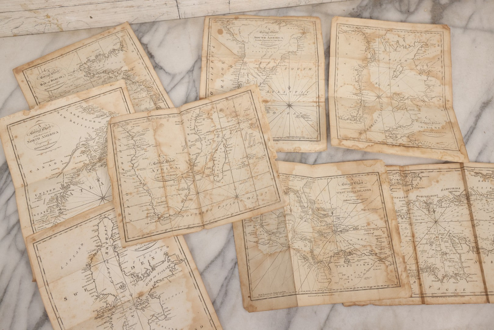 Lot 166 - Grouping Of Eight Antique 1795 Engraved Naval Maps For Malham's Naval Gazetteer By Allen & West, Including Irish Sea, South America, English Channel, West India Islands, Baltic Sea, Africa, East Coast Of North America, And Bay Of Biscay