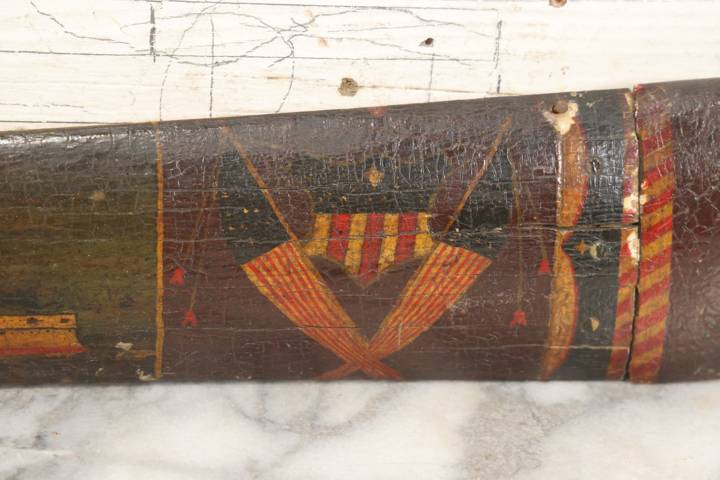 Lot 002 - Antique Painted Swordfish Bill Sword With Carved Wooden Handle, Featuring U.S. Naval Warship And Patriotic Shield Motifs, Late 19th–Early 20th Century, 39-3/8" L