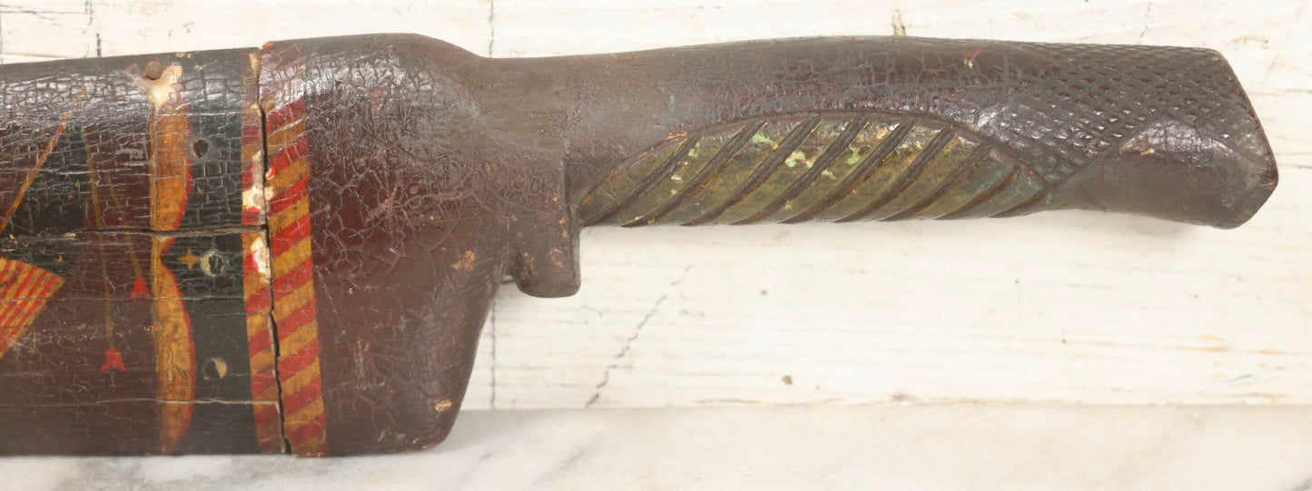 Lot 002 - Antique Painted Swordfish Bill Sword With Carved Wooden Handle, Featuring U.S. Naval Warship And Patriotic Shield Motifs, Late 19th–Early 20th Century, 39-3/8" L
