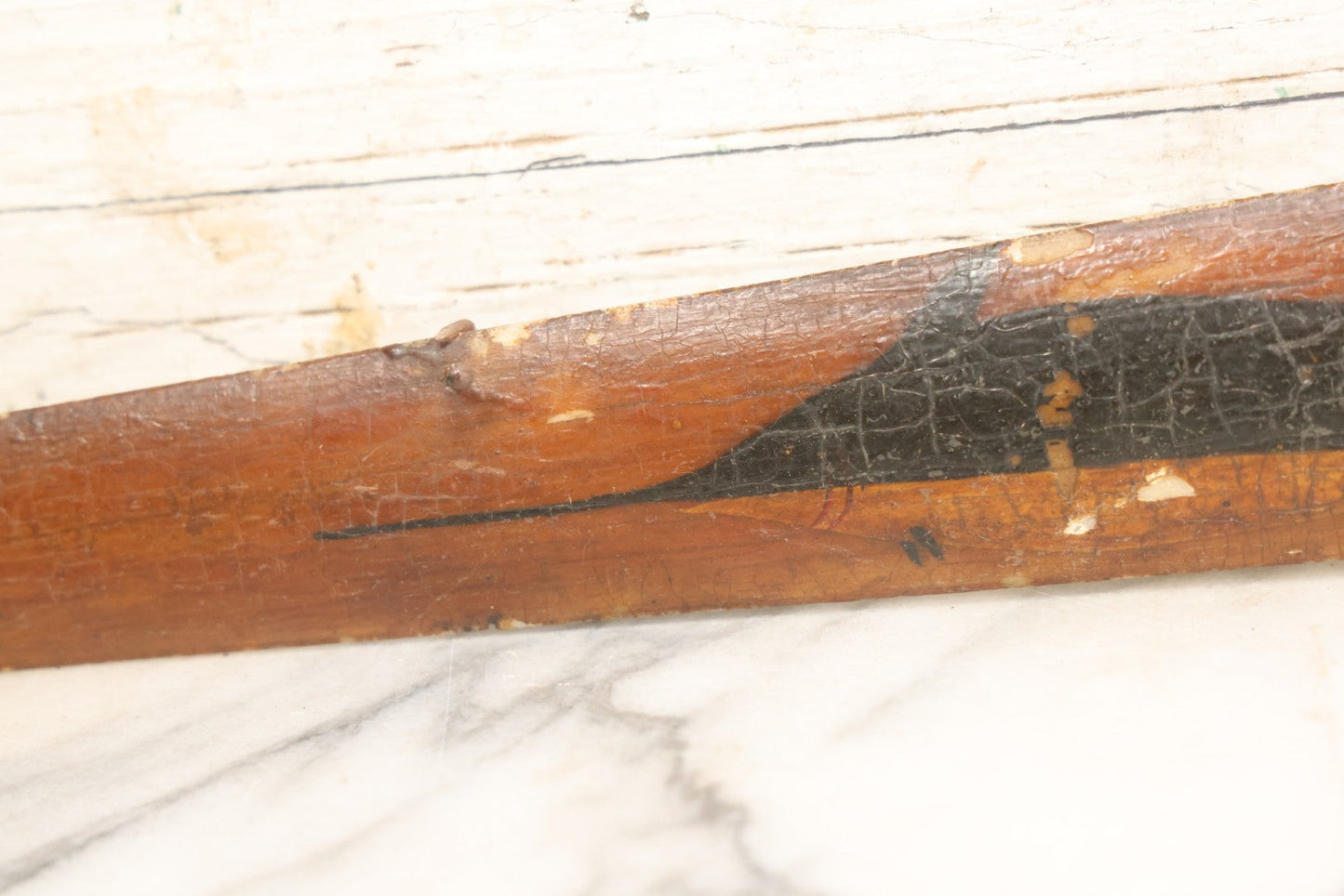 Lot 002 - Antique Painted Swordfish Bill Sword With Carved Wooden Handle, Featuring U.S. Naval Warship And Patriotic Shield Motifs, Late 19th–Early 20th Century, 39-3/8" L