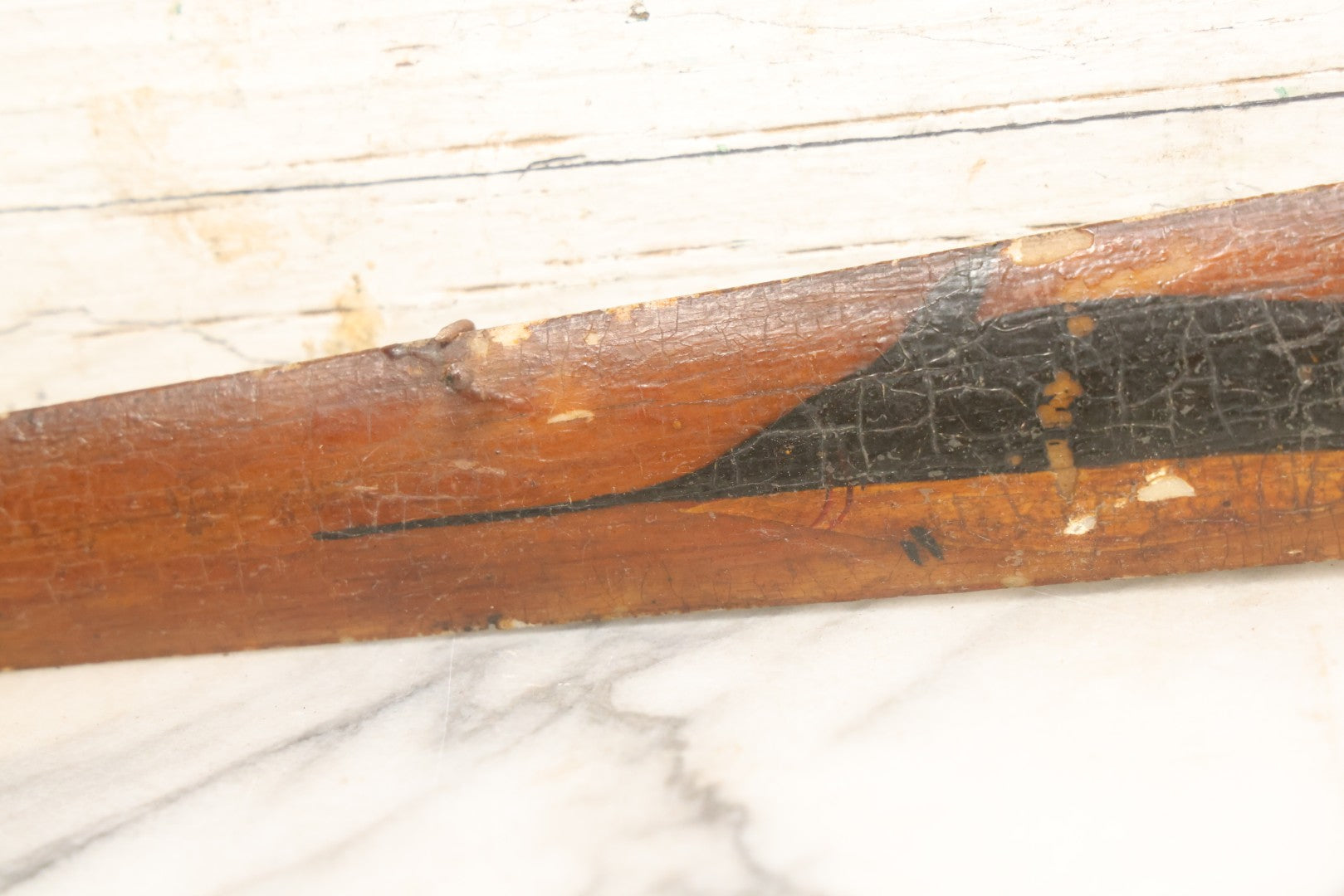 Lot 002 - Antique Painted Swordfish Bill Sword With Carved Wooden Handle, Featuring U.S. Naval Warship And Patriotic Shield Motifs, Late 19th–Early 20th Century, 39-3/8" L
