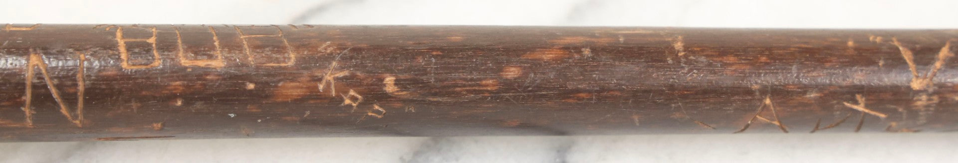 Lot 003 - Vintage Hand-Carved White Mountains, New Hampshire Folk Art Hiking Stick With Double-Sided Old Man Of The Mountain Carved Handle And Decades Of Carved Initials, Names, And Nicknames, 36" L