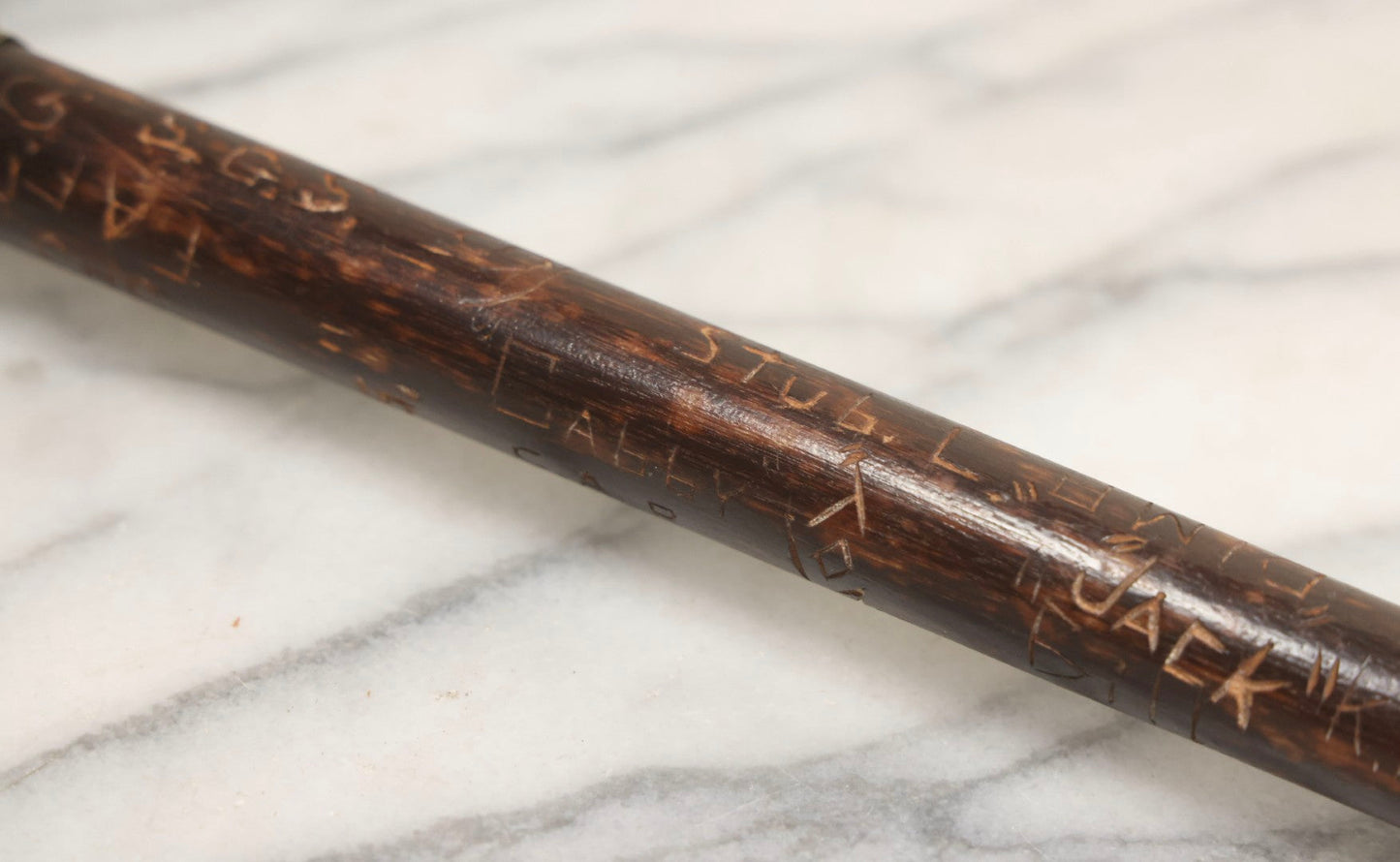 Lot 003 - Vintage Hand-Carved White Mountains, New Hampshire Folk Art Hiking Stick With Double-Sided Old Man Of The Mountain Carved Handle And Decades Of Carved Initials, Names, And Nicknames, 36" L