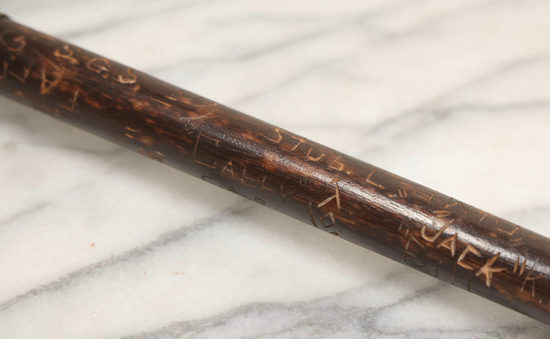 Lot 003 - Vintage Hand-Carved White Mountains, New Hampshire Folk Art Hiking Stick With Double-Sided Old Man Of The Mountain Carved Handle And Decades Of Carved Initials, Names, And Nicknames, 36" L