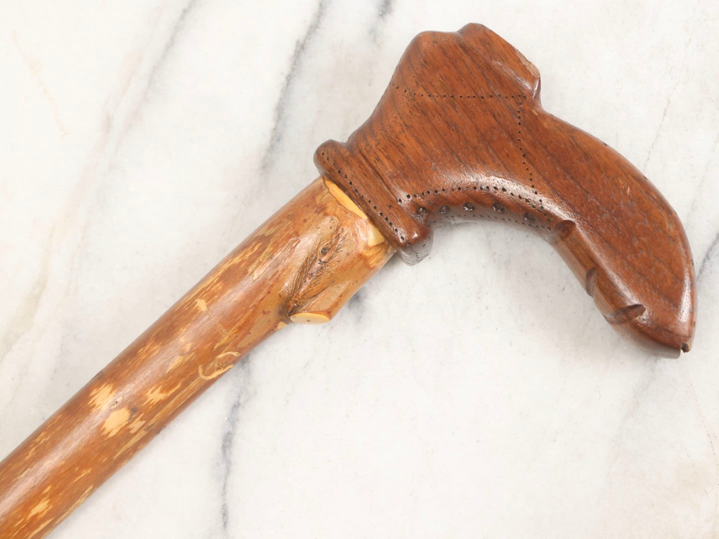 Lot 005 - Vintage Folk Art Cane With Carved Boot Handle And Natural Debarked Wood Shaft, 35-1/8" L
