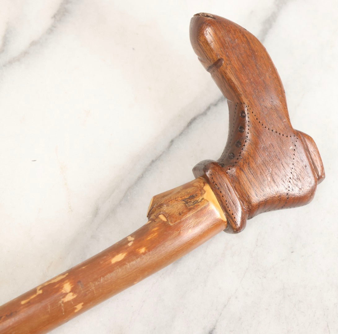 Lot 005 - Vintage Folk Art Cane With Carved Boot Handle And Natural Debarked Wood Shaft, 35-1/8" L