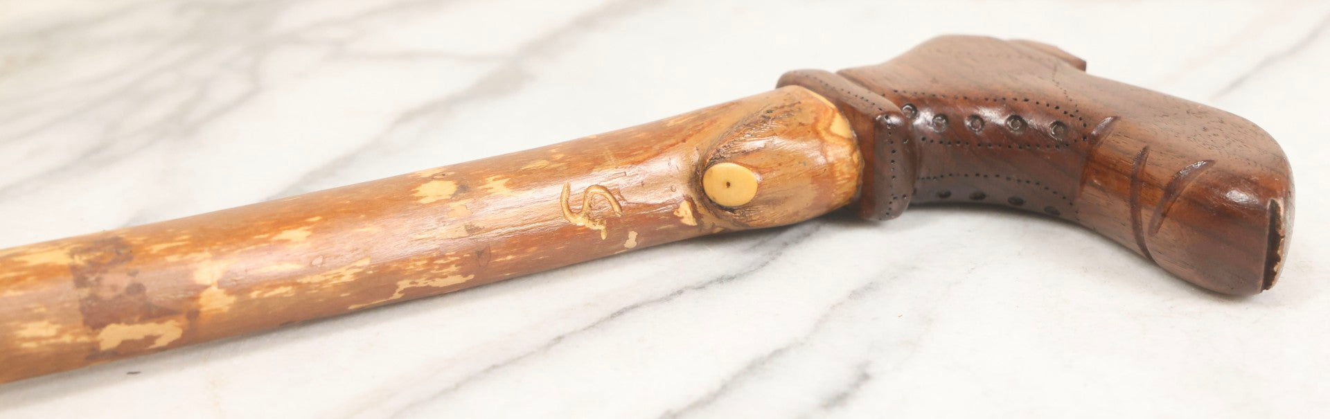 Lot 005 - Vintage Folk Art Cane With Carved Boot Handle And Natural Debarked Wood Shaft, 35-1/8" L