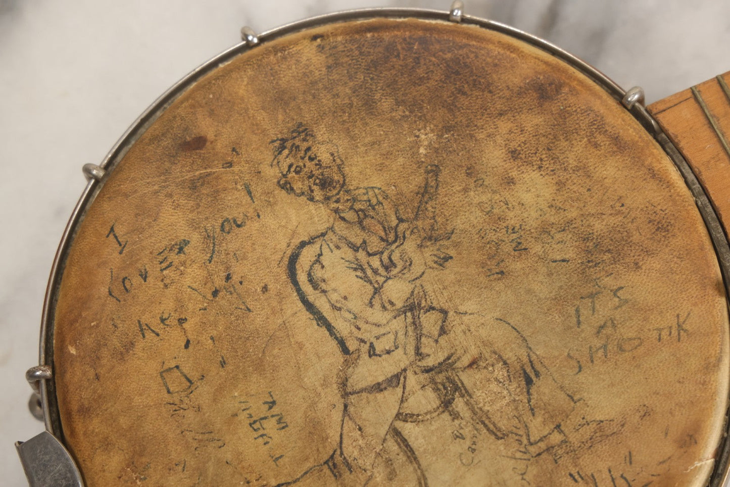 Lot 006 - Vintage Gretsch Clarophone Banjo Ukulele Banjolele With Folk Art Drawing On Head Of Cartoon Man Playing Instrument, Includes Canvas Carrying Bag, Circa 1930s