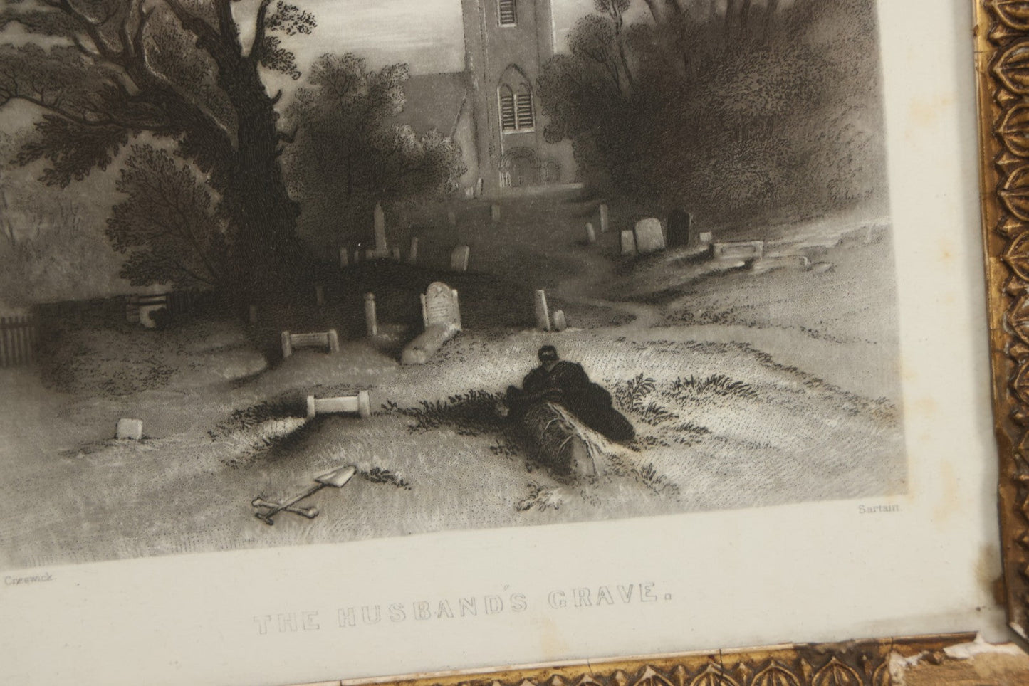 Lot 013 - Antique Engraving “The Husband's Grave” By John Sartain After Thomas Creswick, Circa 1855, In Worn Gilded Gesso Frame
